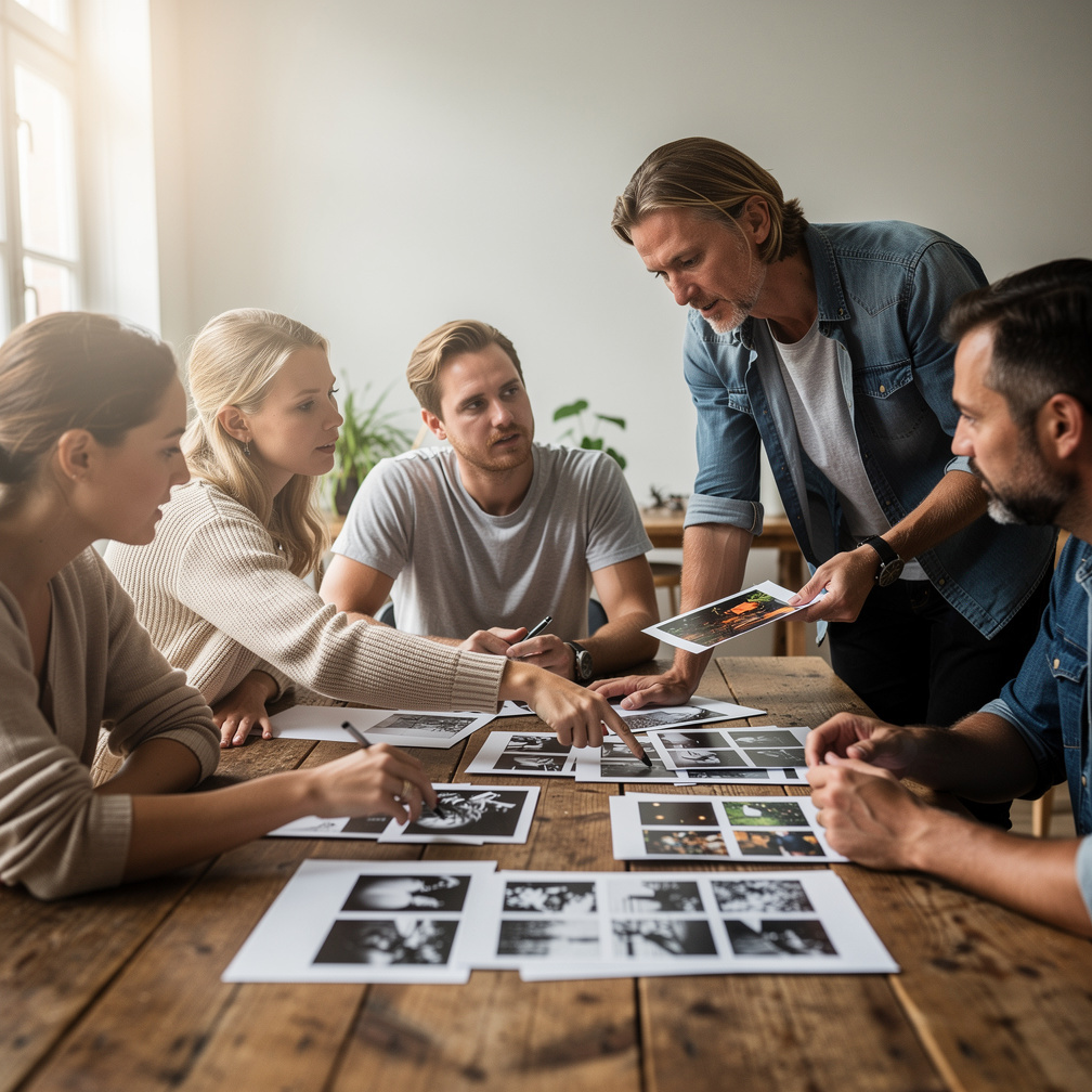 Gruppe af fotografer og journalister der gennemgår billeder på et bord